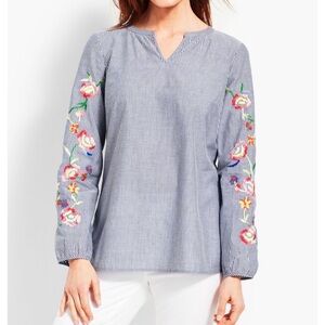 EUC Women’s Talbots Blue Striped Embroidered Popover Blouse Tunic Shirt Small
